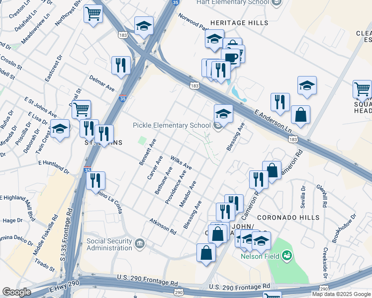 map of restaurants, bars, coffee shops, grocery stores, and more near 7306 Providence Avenue in Austin