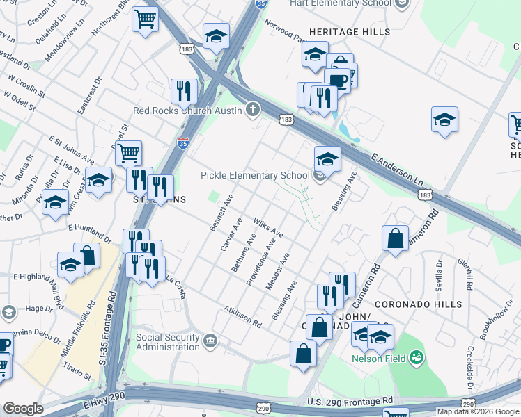 map of restaurants, bars, coffee shops, grocery stores, and more near 1008 Wilks Avenue in Austin