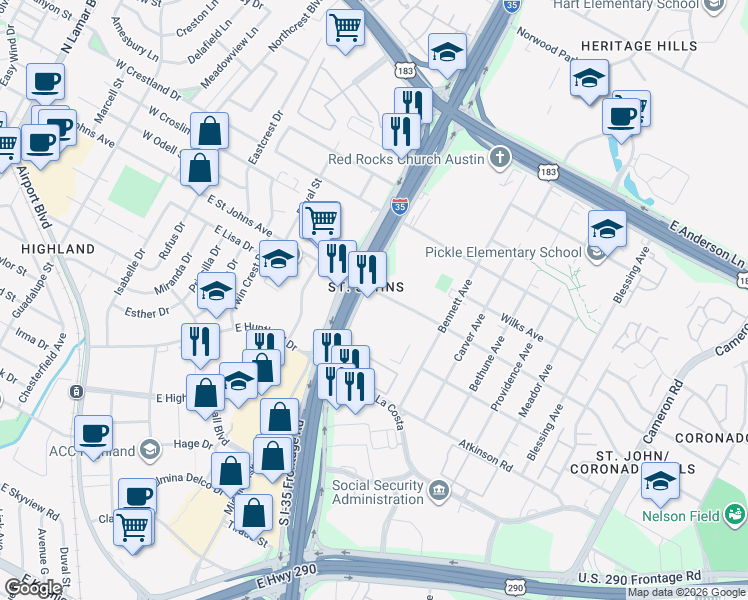 map of restaurants, bars, coffee shops, grocery stores, and more near 7023 North Interstate Highway 35 in Austin