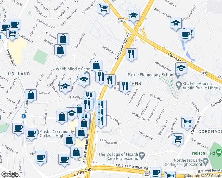 map of restaurants, bars, coffee shops, grocery stores, and more near 7023 North Interstate Highway 35 in Austin