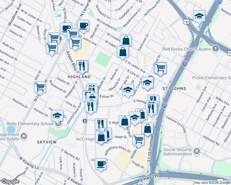 map of restaurants, bars, coffee shops, grocery stores, and more near 200 East Huntland Drive in Austin