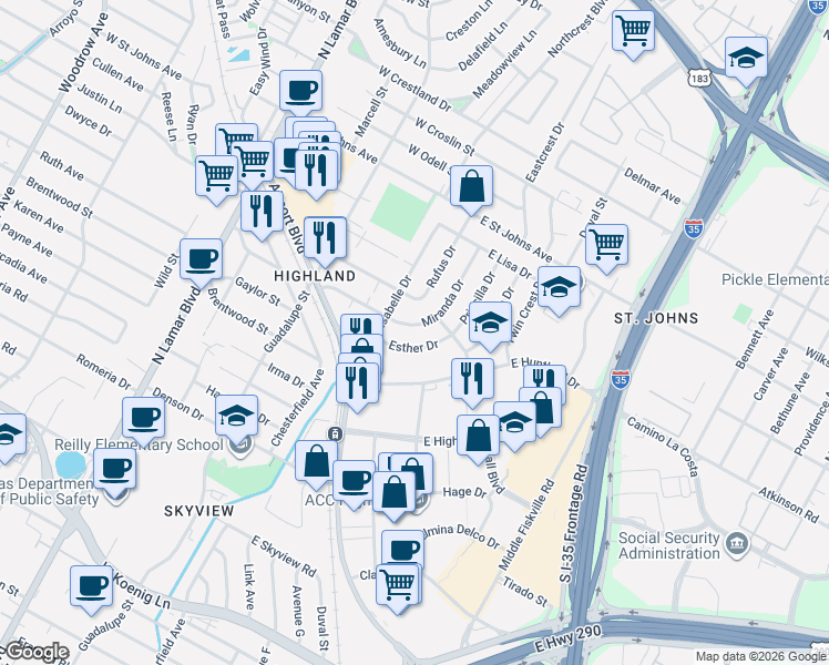 map of restaurants, bars, coffee shops, grocery stores, and more near 6715 Esther Drive in Austin