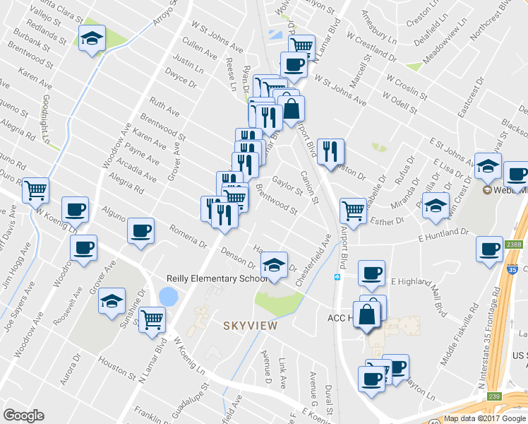 map of restaurants, bars, coffee shops, grocery stores, and more near 615 Irma Drive in Austin