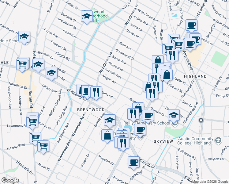map of restaurants, bars, coffee shops, grocery stores, and more near 1200 Alguno Road in Austin