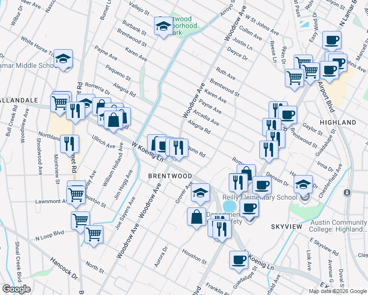map of restaurants, bars, coffee shops, grocery stores, and more near in Austin