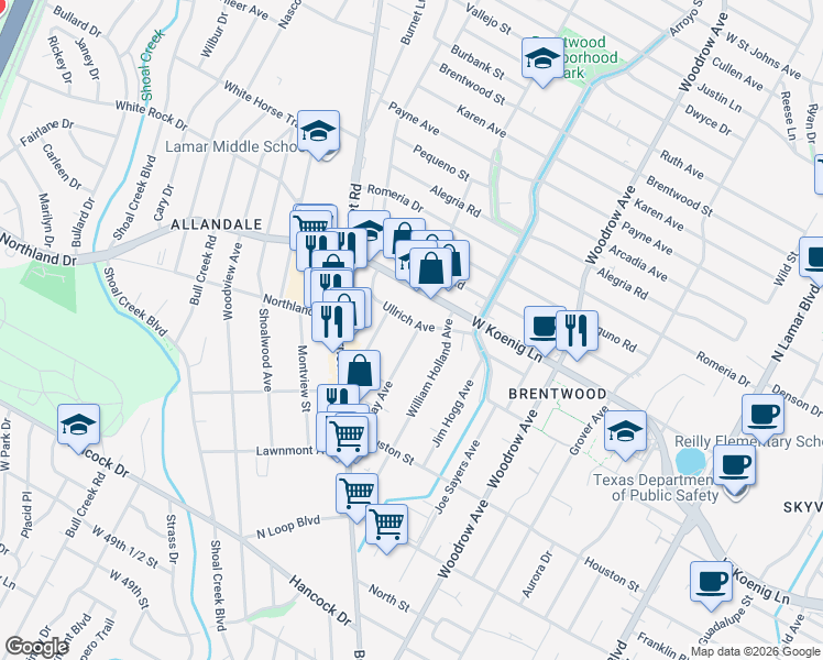 map of restaurants, bars, coffee shops, grocery stores, and more near 5705 Clay Avenue in Austin