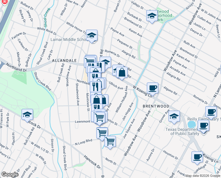 map of restaurants, bars, coffee shops, grocery stores, and more near 5621 Adams Avenue in Austin