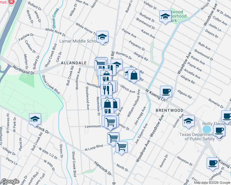 map of restaurants, bars, coffee shops, grocery stores, and more near 5621 Adams Avenue in Austin