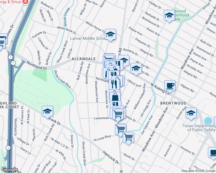 map of restaurants, bars, coffee shops, grocery stores, and more near 5601 Montview Street in Austin