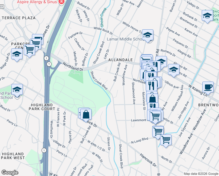 map of restaurants, bars, coffee shops, grocery stores, and more near 5509 Shoal Creek Boulevard in Austin