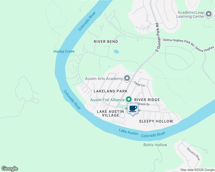 map of restaurants, bars, coffee shops, grocery stores, and more near 1403 East Lakeland Drive in Austin