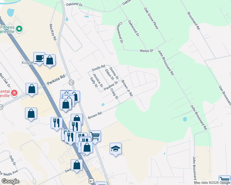 map of restaurants, bars, coffee shops, grocery stores, and more near 18248 Craig Street in Prairieville