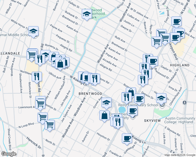 map of restaurants, bars, coffee shops, grocery stores, and more near in Austin