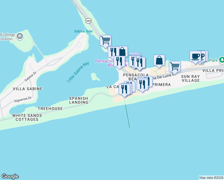 map of restaurants, bars, coffee shops, grocery stores, and more near 76 Fort Pickens Road in Pensacola Beach