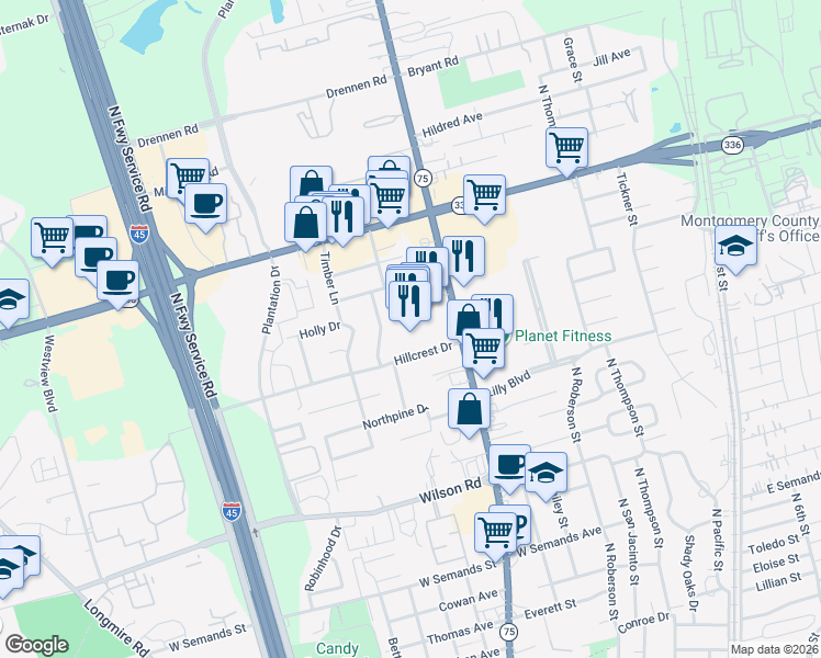 map of restaurants, bars, coffee shops, grocery stores, and more near 2017 North Frazier Street in Conroe
