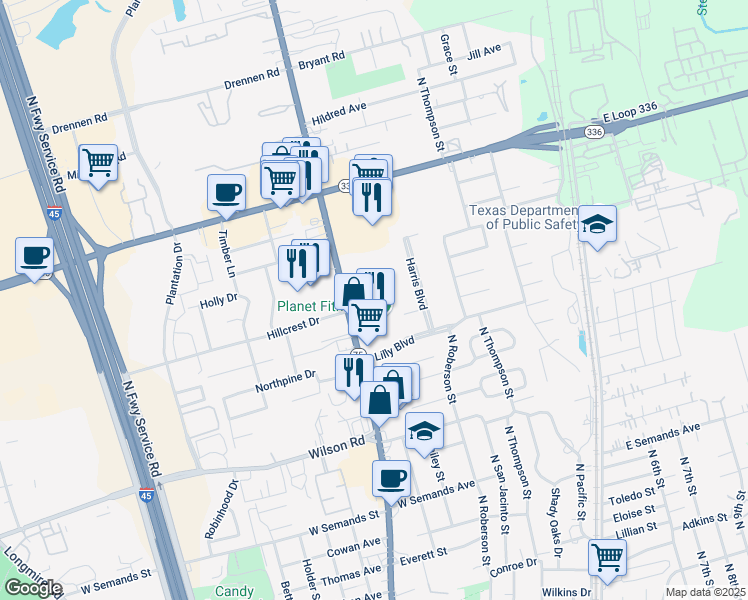 map of restaurants, bars, coffee shops, grocery stores, and more near 1908 N Frazier St in Conroe