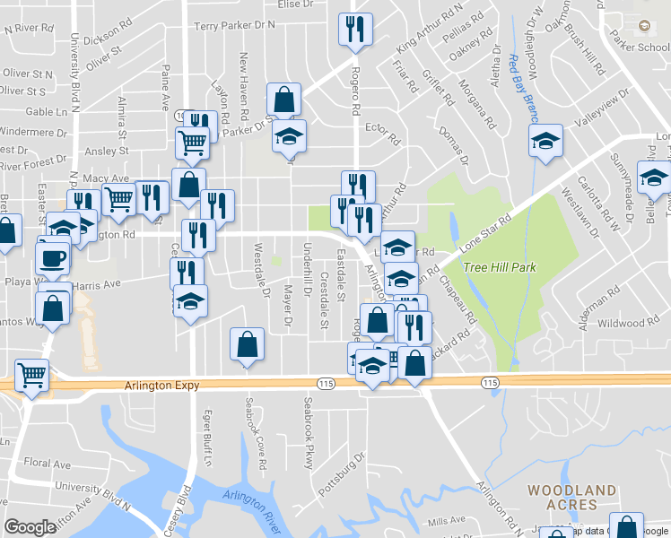 map of restaurants, bars, coffee shops, grocery stores, and more near 1078 Rogero Road in Jacksonville