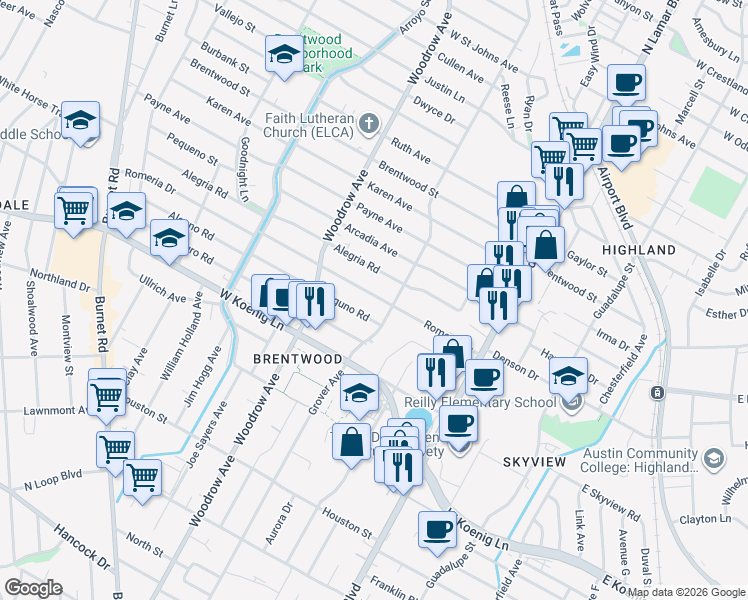 map of restaurants, bars, coffee shops, grocery stores, and more near 1200 Alguno Road in Austin