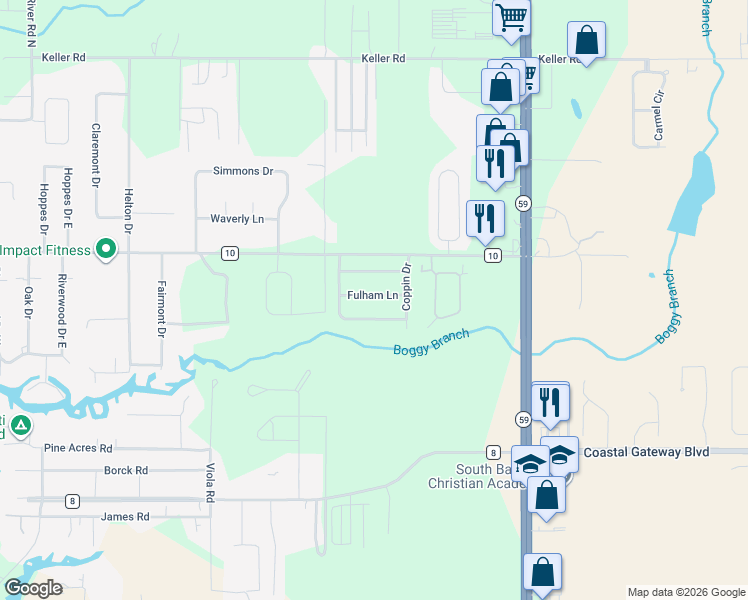 map of restaurants, bars, coffee shops, grocery stores, and more near 1401 Holmes Avenue in Foley