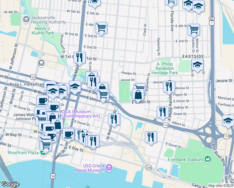 map of restaurants, bars, coffee shops, grocery stores, and more near 842 North Washington Street in Jacksonville