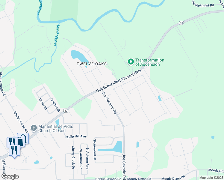 map of restaurants, bars, coffee shops, grocery stores, and more near 17660 Joe Sevario Road in Prairieville
