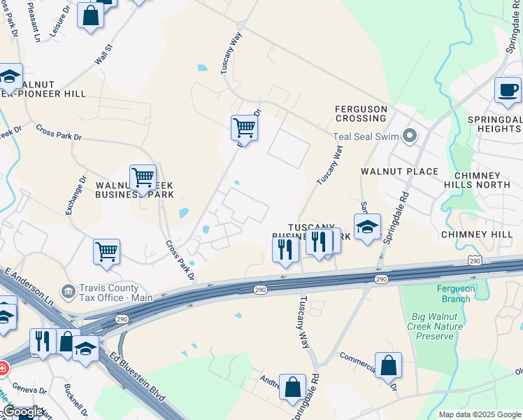 map of restaurants, bars, coffee shops, grocery stores, and more near 8038 Exchange Drive in Austin