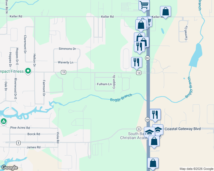 map of restaurants, bars, coffee shops, grocery stores, and more near 1401 Holmes Avenue in Foley