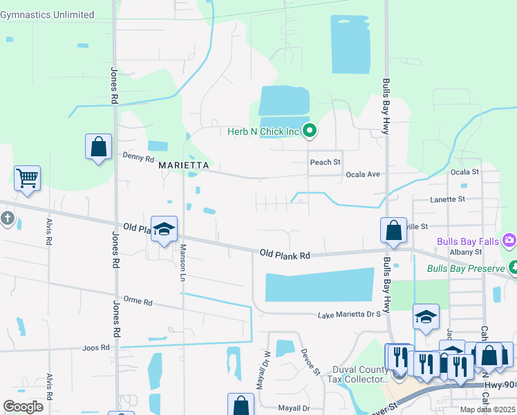 map of restaurants, bars, coffee shops, grocery stores, and more near 8684 Alexa Lane in Jacksonville