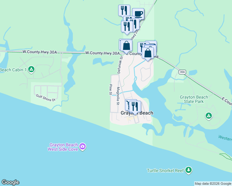 map of restaurants, bars, coffee shops, grocery stores, and more near 169 Magnolia Street in Santa Rosa Beach