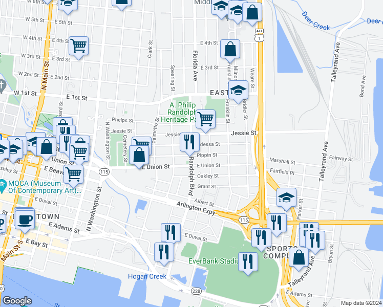 map of restaurants, bars, coffee shops, grocery stores, and more near 838 A Philip Randolph Boulevard in Jacksonville