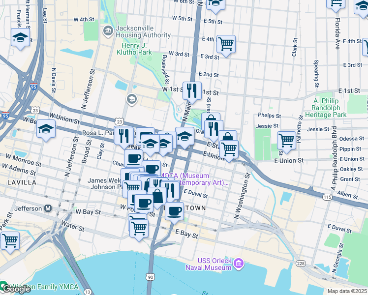map of restaurants, bars, coffee shops, grocery stores, and more near in Jacksonville