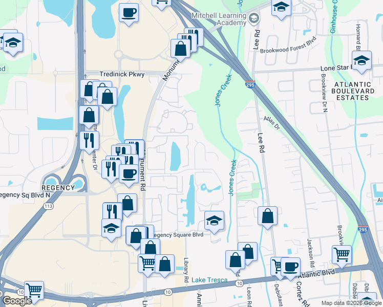 map of restaurants, bars, coffee shops, grocery stores, and more near 510 Chancellor Drive East in Jacksonville