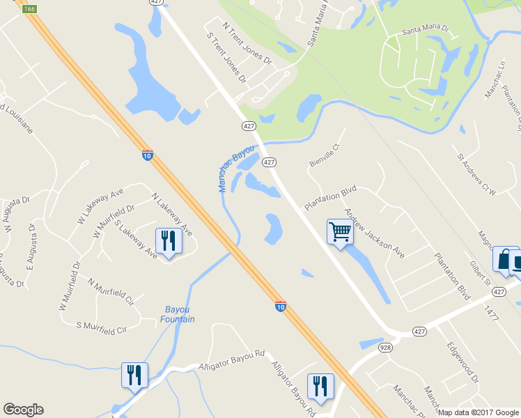 map of restaurants, bars, coffee shops, grocery stores, and more near 18765 Perkins Road in Prairieville