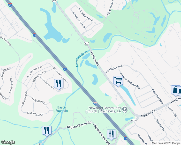 map of restaurants, bars, coffee shops, grocery stores, and more near 18765 Perkins Road in Prairieville