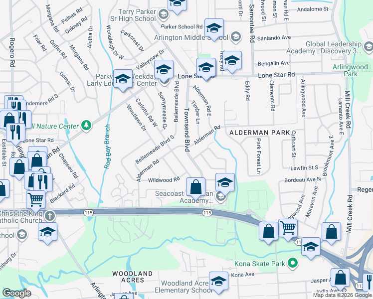 map of restaurants, bars, coffee shops, grocery stores, and more near 7998 Alderman Road in Jacksonville