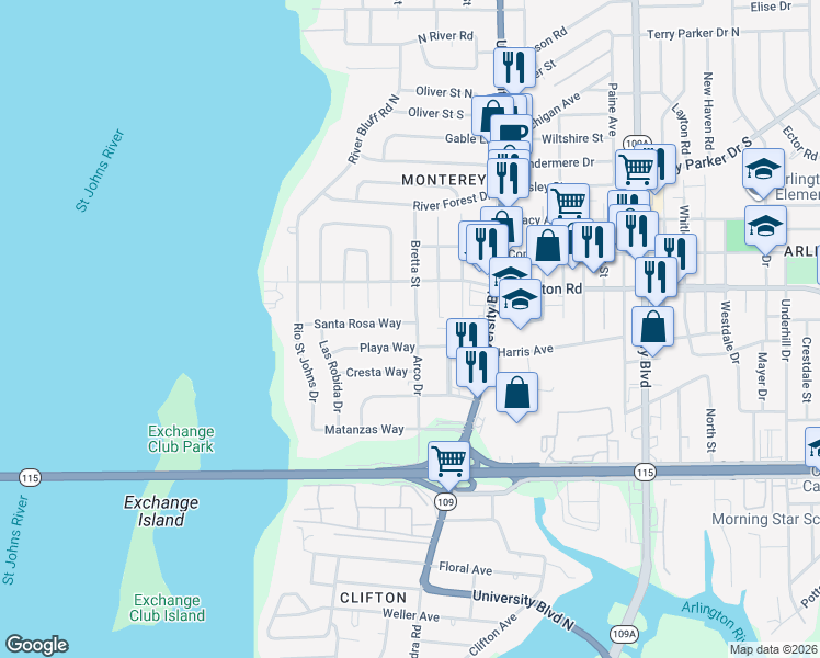 map of restaurants, bars, coffee shops, grocery stores, and more near 5452 Playa Way in Jacksonville