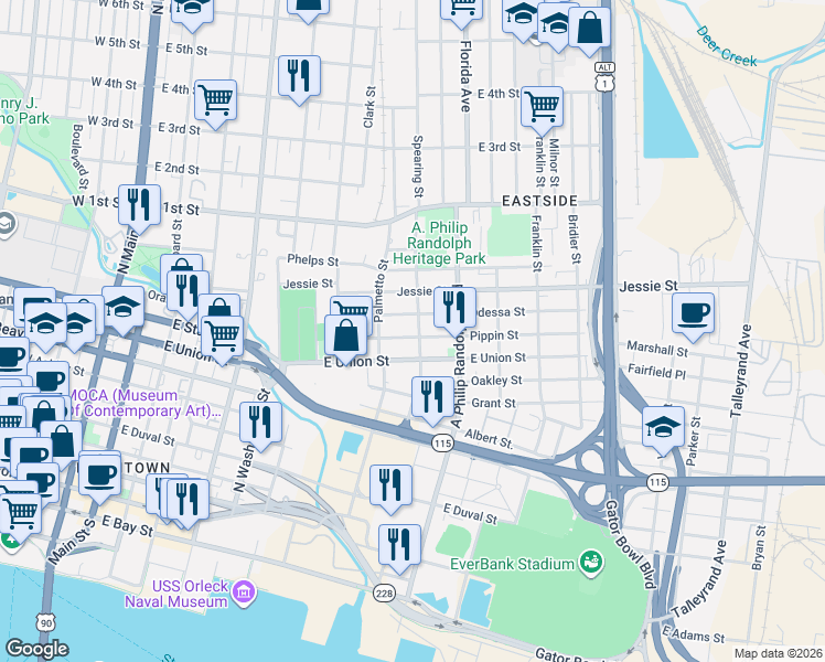 map of restaurants, bars, coffee shops, grocery stores, and more near 825 East Union Street in Jacksonville