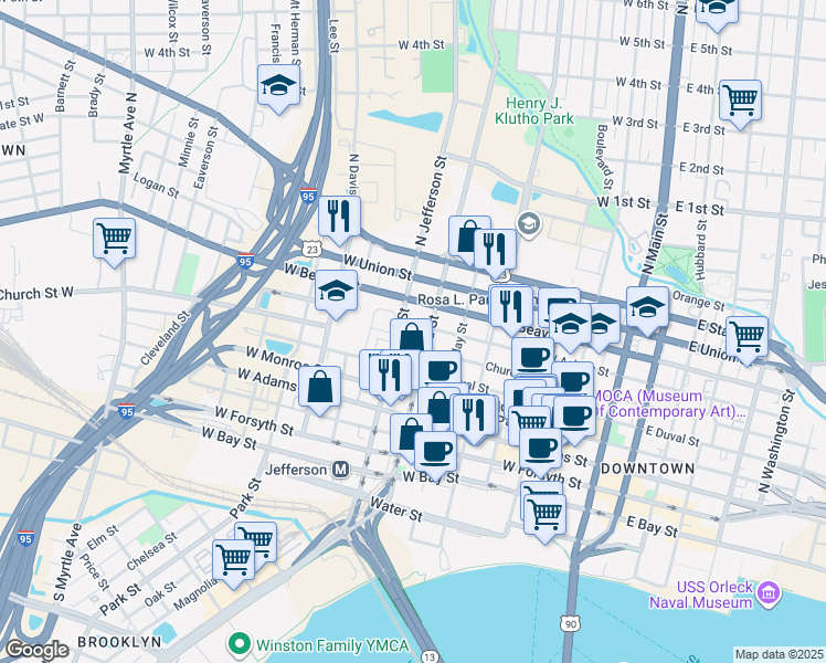 map of restaurants, bars, coffee shops, grocery stores, and more near 420 Broad Street in Jacksonville