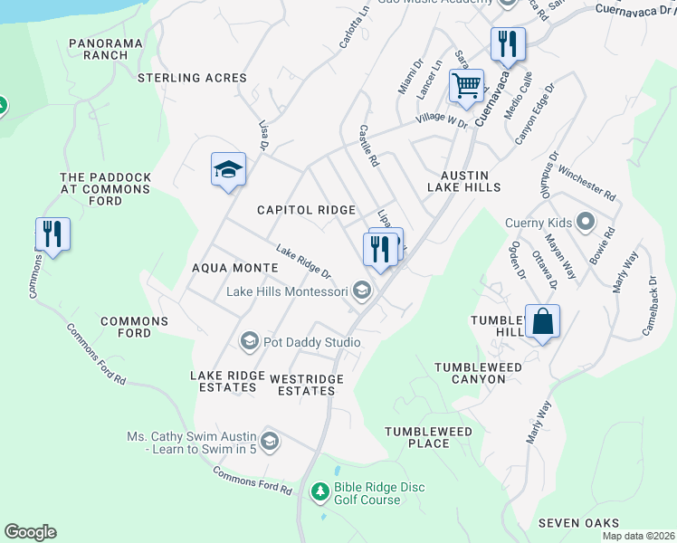 map of restaurants, bars, coffee shops, grocery stores, and more near 9807 Lake Ridge Drive in Austin