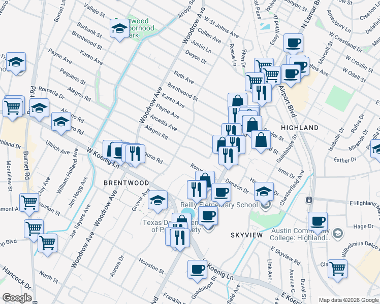 map of restaurants, bars, coffee shops, grocery stores, and more near 1013 Romeria Drive in Austin