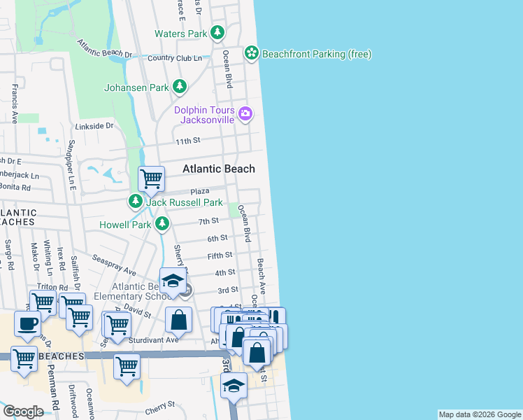 map of restaurants, bars, coffee shops, grocery stores, and more near 659 Beach Avenue in Atlantic Beach