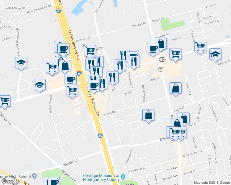 map of restaurants, bars, coffee shops, grocery stores, and more near 2026 Plantation Drive in Conroe