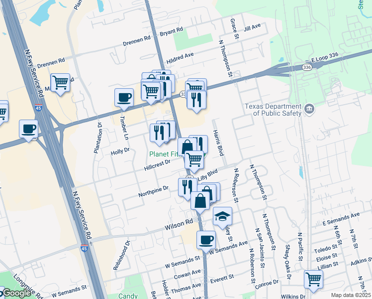 map of restaurants, bars, coffee shops, grocery stores, and more near 1908 N Frazier St in Conroe