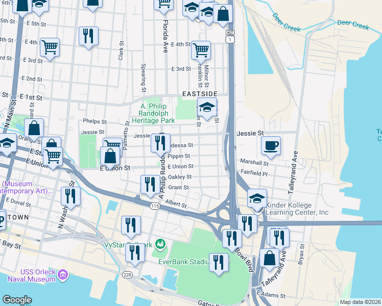 map of restaurants, bars, coffee shops, grocery stores, and more near 888 Franklin Street in Jacksonville