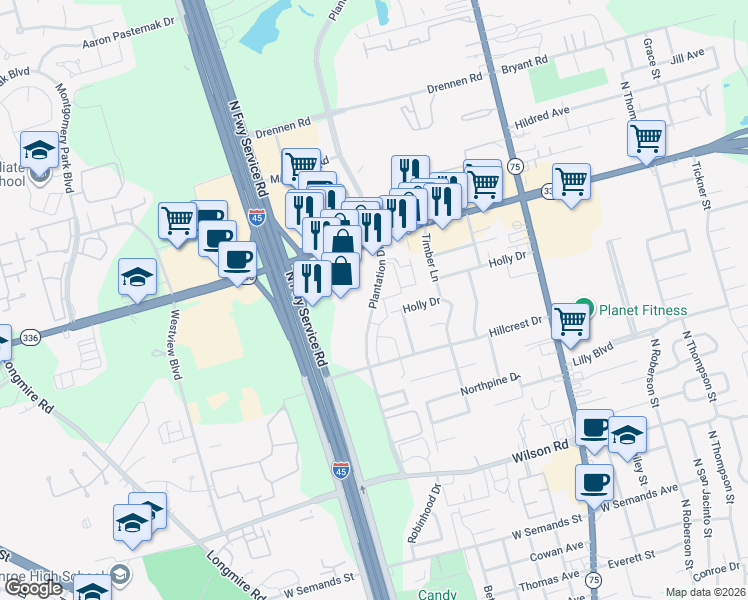 map of restaurants, bars, coffee shops, grocery stores, and more near 2025 Plantation Drive in Conroe