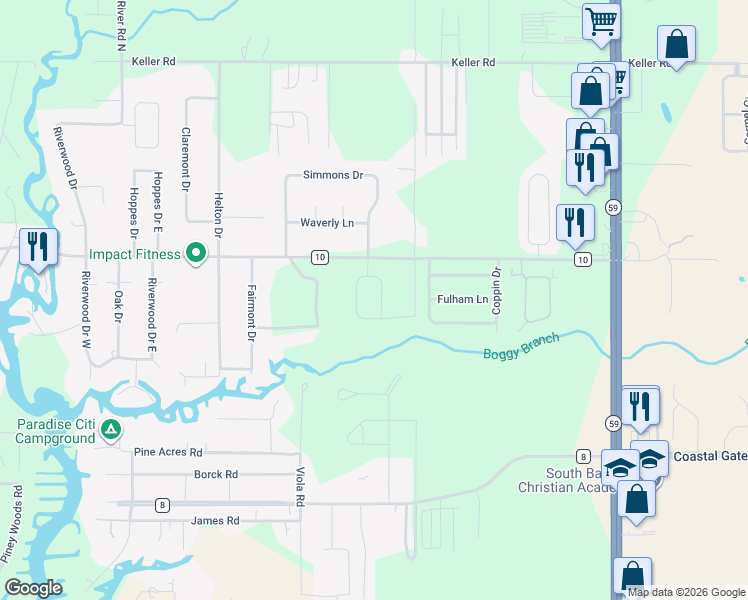 map of restaurants, bars, coffee shops, grocery stores, and more near 9453 County Road 10 in Foley