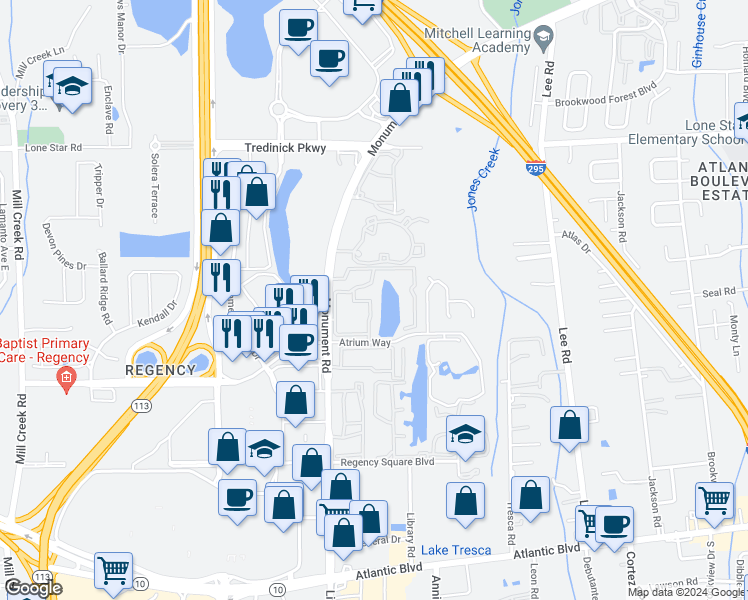 map of restaurants, bars, coffee shops, grocery stores, and more near 404 Monument Road in Jacksonville