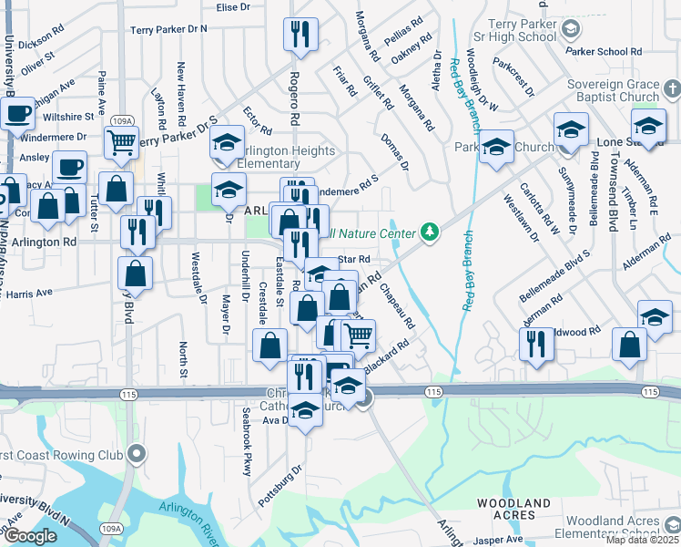 map of restaurants, bars, coffee shops, grocery stores, and more near 6801-7057 Lone Star Road in Jacksonville