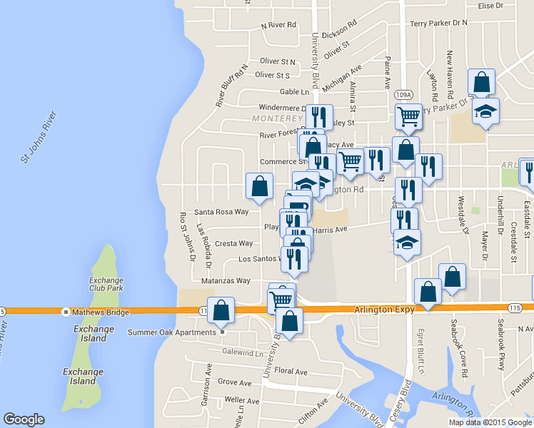 map of restaurants, bars, coffee shops, grocery stores, and more near 1209 Bretta Street in Jacksonville