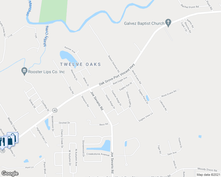 map of restaurants, bars, coffee shops, grocery stores, and more near Feather Ridge Drive in Prairieville